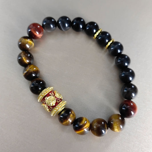 Pulsera de poder con piedra de ojo de tigre: 5 ojos y 4 orejas, joyería espiritual con cobre esmaltado antiguo (regalo de piedra preciosa natural para él o ella)