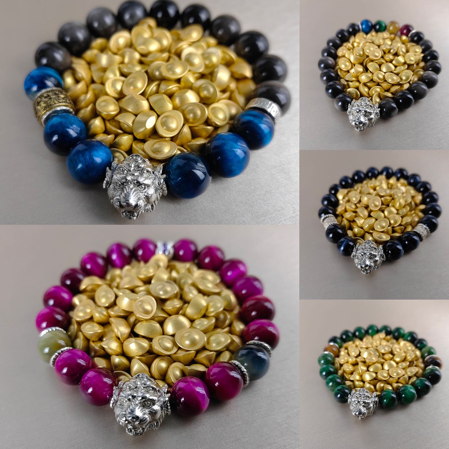 pulsera de energía de cinco ojos de cuarzo rosa encantado: esmalte de nueve metales y piedra de ojo de tigre para protección espiritual y amor