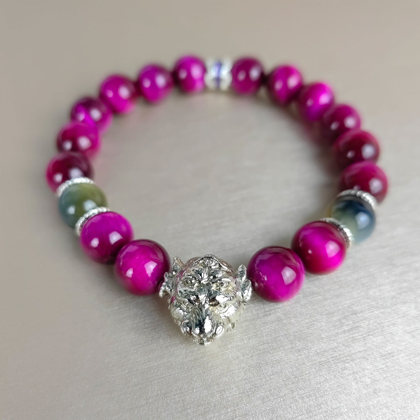 pulsera de energía de cinco ojos de cuarzo rosa encantado: esmalte de nueve metales y piedra de ojo de tigre para protección espiritual y amor