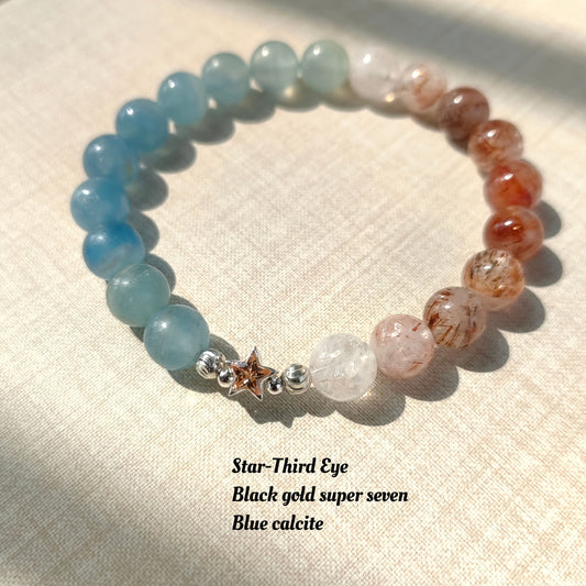 Stellar Third Eye Bracelet - Super 7 Black Gold & Blue Calcite Crystal Energy Jewelry for Chakra Balance, Spiritual Awakening & Meditation Accessories (Unisex Boho Style)