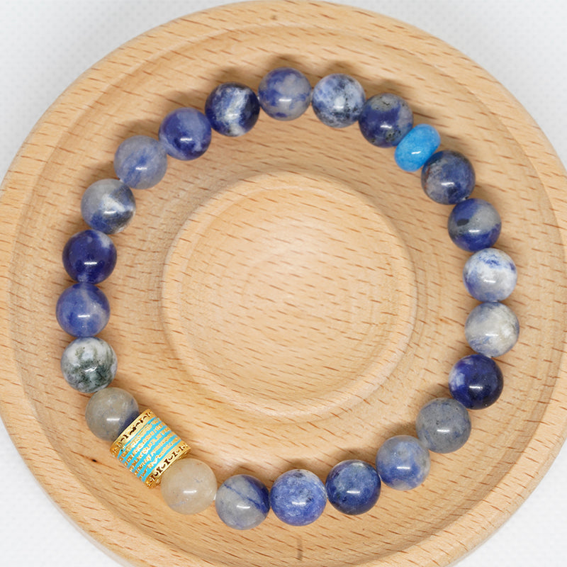 five buddhist mantra energy bracelet - copper enamel + blue coral & chalcedony for inspiration & wellness