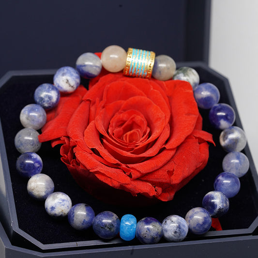 Five Buddhist Mantra Energy Bracelet - Copper Enamel + Blue Coral & Chalcedony for Inspiration & Wellness