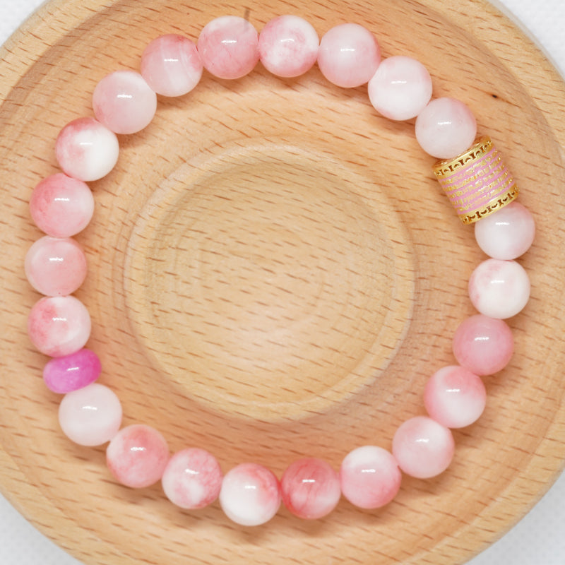 "pulsera energética de cinco mantras para meditación: esmalte de jade persa rosa y blanco para la fuerza interior de la mujer"