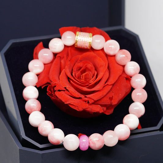 "Meditation Five Mantra Energy Bracelet - Enamel- pink-and-white Persian jadefor Women's Inner Strength"