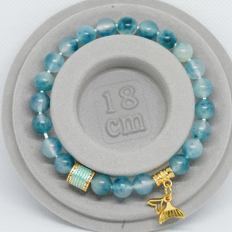 "five line mantra energy bracelet with mermaid pendant | enamel-coated copper & aqua chalcedony stone | spiritual jewelry for courage & beauty"