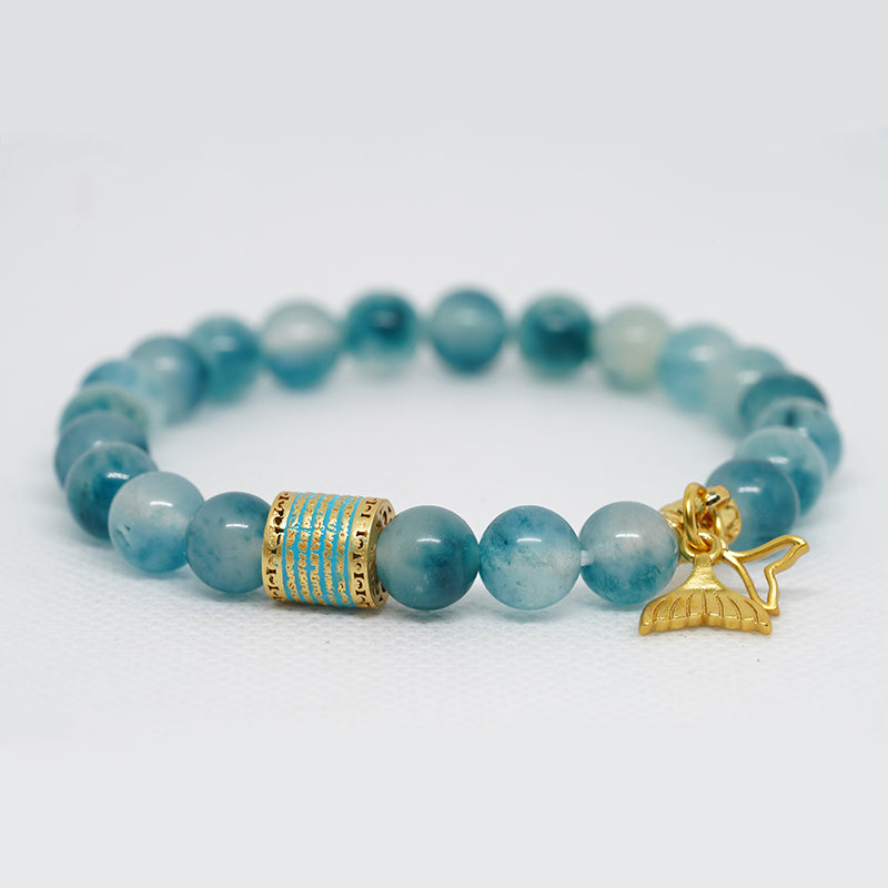 "five line mantra energy bracelet with mermaid pendant | enamel-coated copper & aqua chalcedony stone | spiritual jewelry for courage & beauty"