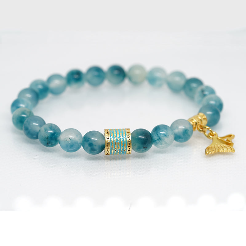 "five line mantra energy bracelet with mermaid pendant | enamel-coated copper & aqua chalcedony stone | spiritual jewelry for courage & beauty"