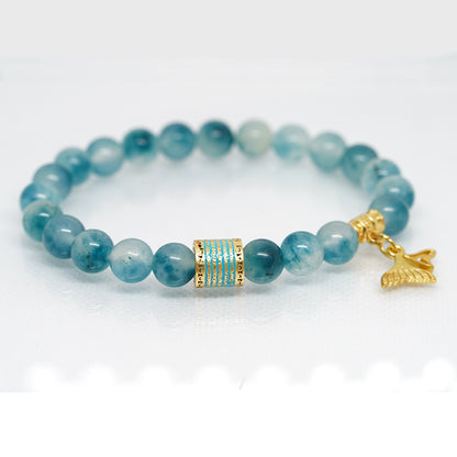 "Five Line Mantra Energy Bracelet with Mermaid Pendant | Enamel-Coated Copper & Aqua Chalcedony Stone | Spiritual Jewelry for Courage & Beauty"