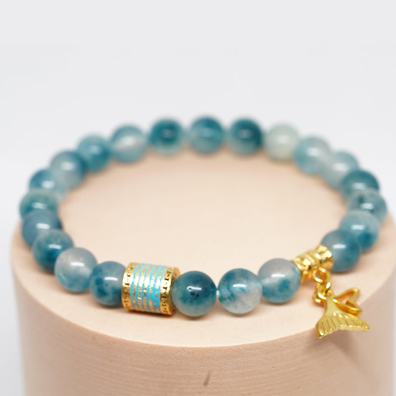 "five line mantra energy bracelet with mermaid pendant | enamel-coated copper & aqua chalcedony stone | spiritual jewelry for courage & beauty"