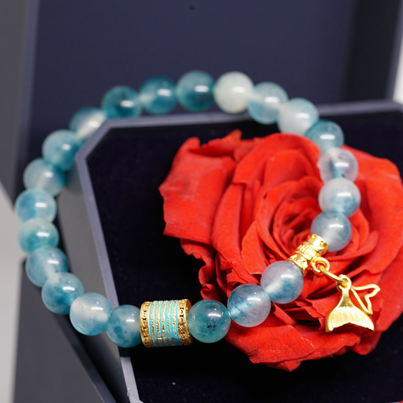 "five line mantra energy bracelet with mermaid pendant | enamel-coated copper & aqua chalcedony stone | spiritual jewelry for courage & beauty"