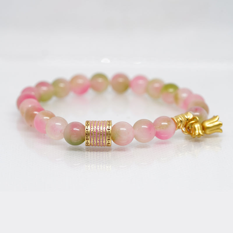 five mantra energy bracelet -peach chalcedony stone for love & happiness, spiritual boho jewelry for women