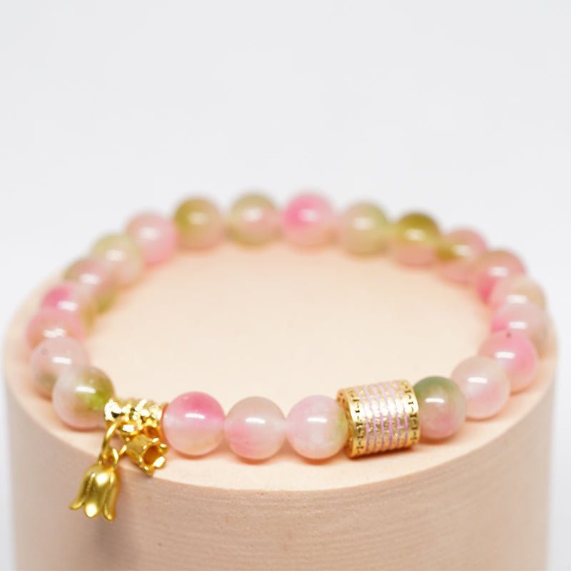 five mantra energy bracelet -peach chalcedony stone for love & happiness, spiritual boho jewelry for women