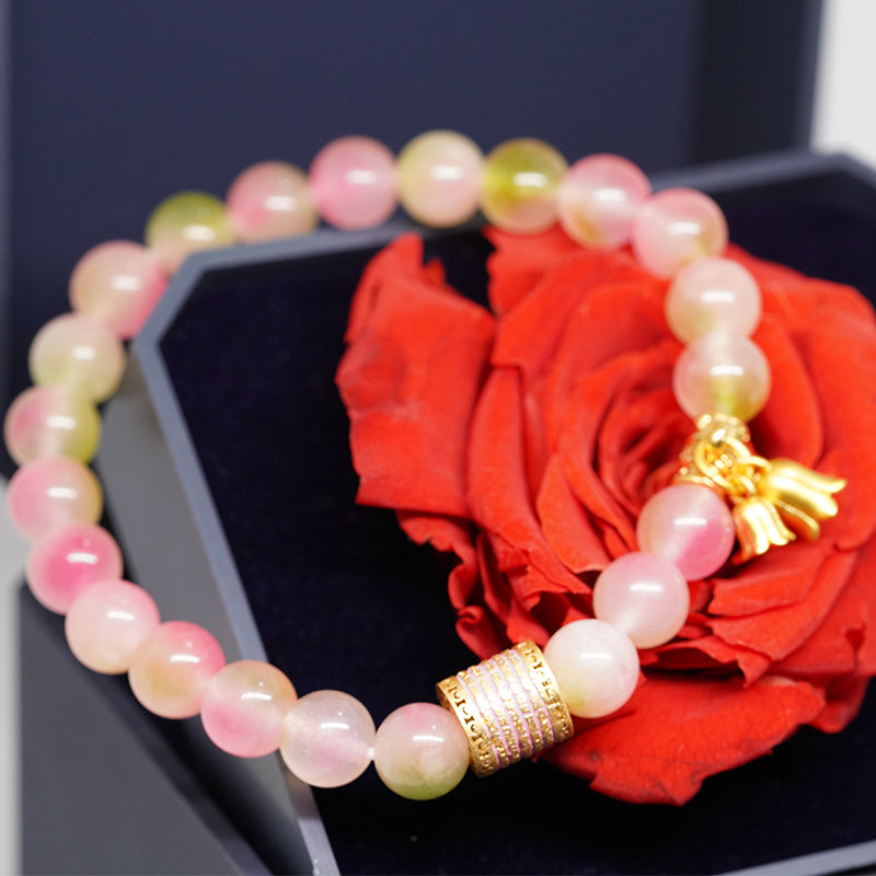 five mantra energy bracelet -peach chalcedony stone for love & happiness, spiritual boho jewelry for women