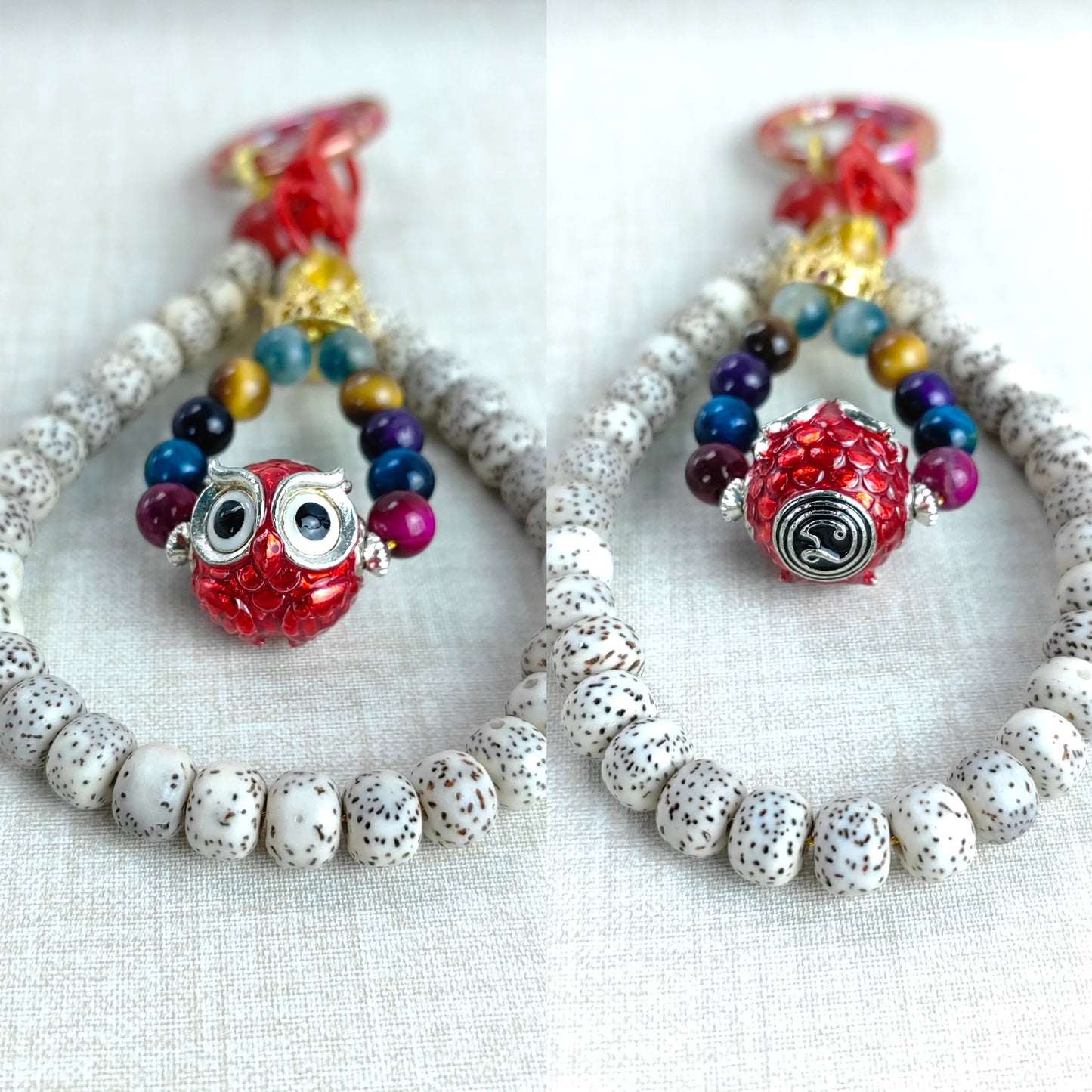 pulsera energética con búho y semilla de bodhi: amuleto para la felicidad y la libertad espiritual