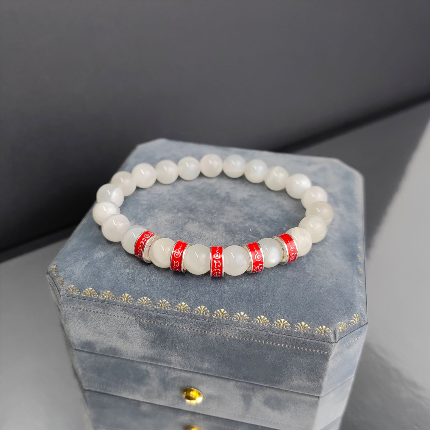 five buddhist mantra energy bracelet with white moonstone – spiritual jewelry for women, protection & good luck