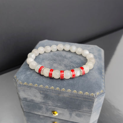 Five Buddhist Mantra Energy Bracelet with White Moonstone – Spiritual Jewelry for Women, Protection & Good Luck
