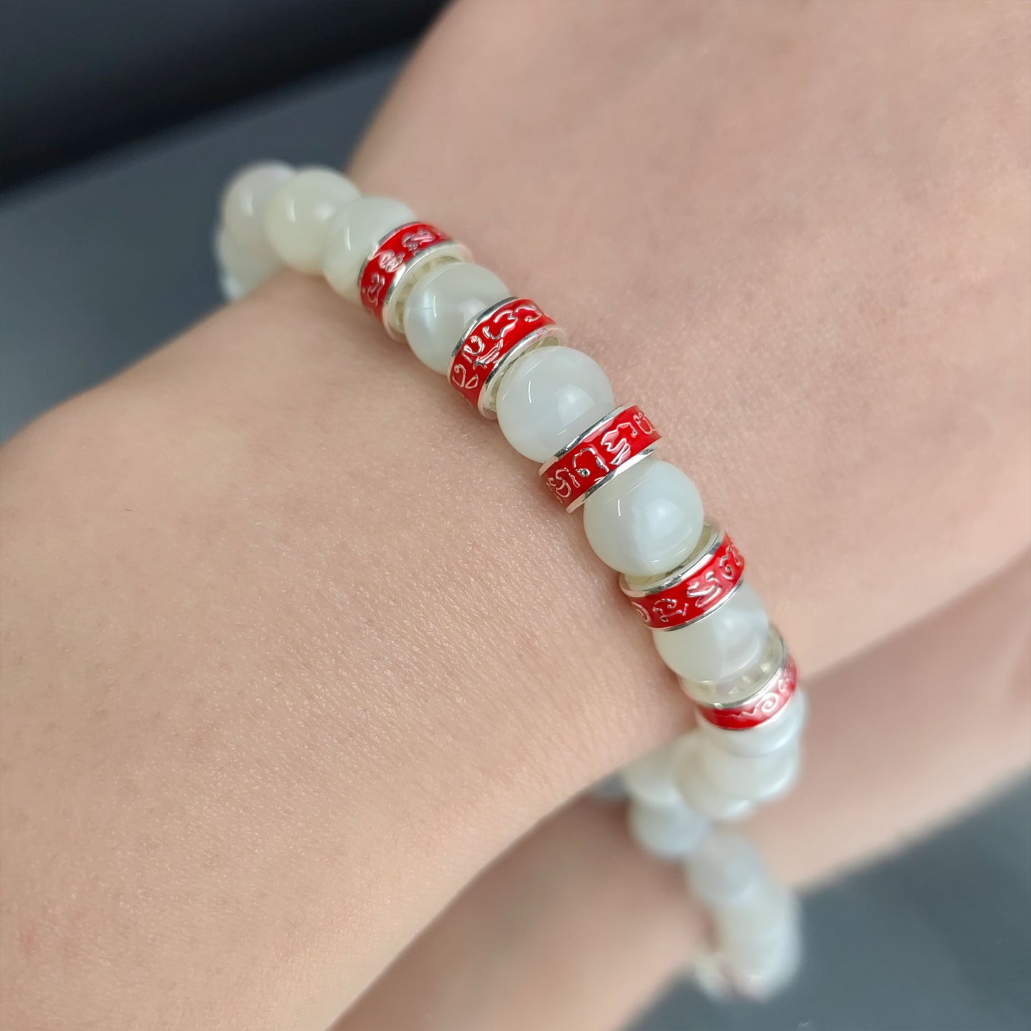 five buddhist mantra energy bracelet with white moonstone – spiritual jewelry for women, protection & good luck