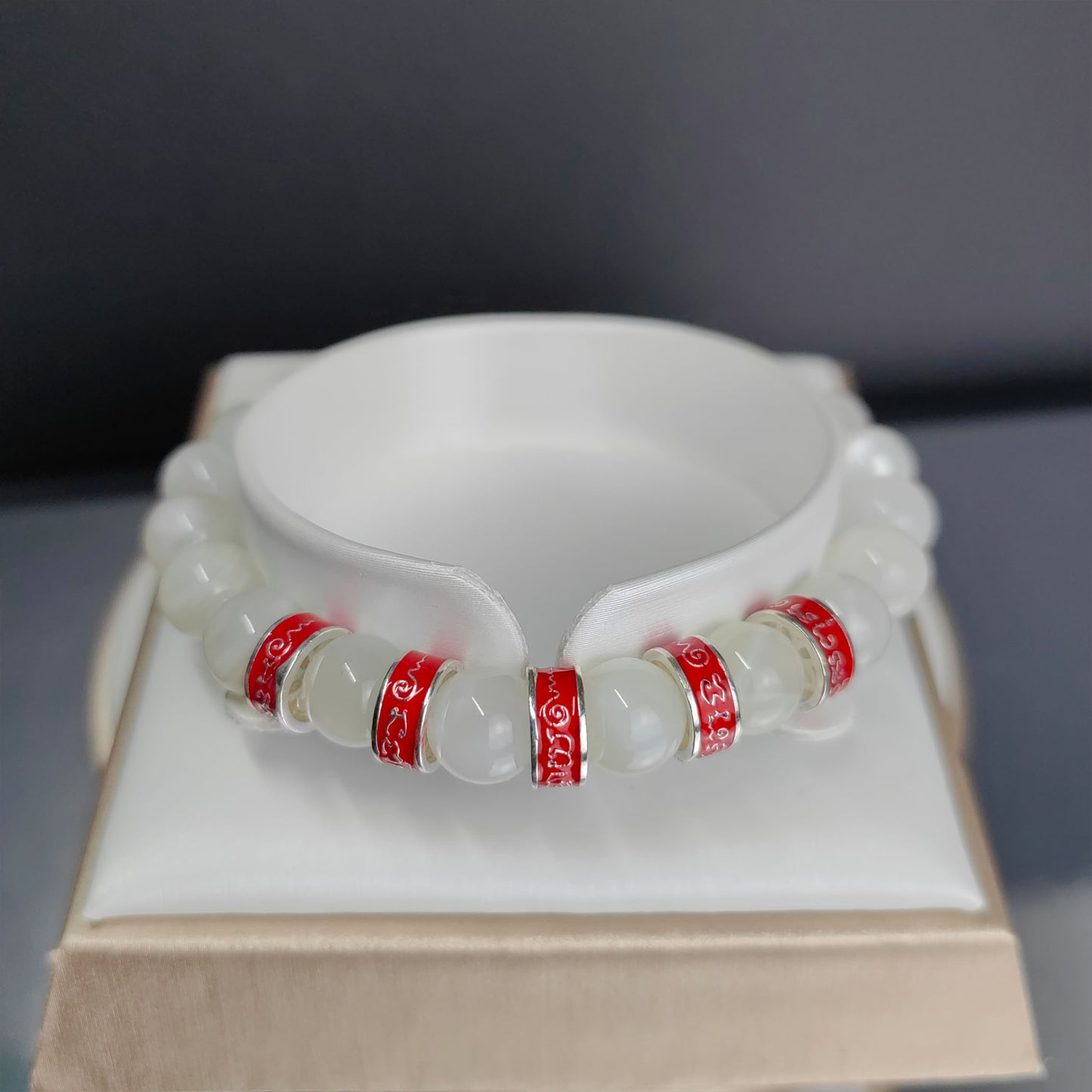 five buddhist mantra energy bracelet with white moonstone – spiritual jewelry for women, protection & good luck