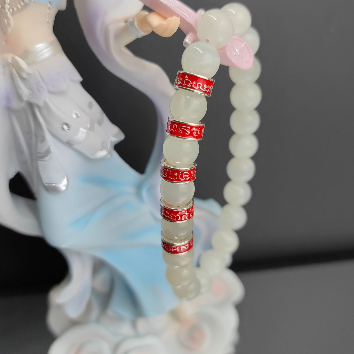 five buddhist mantra energy bracelet with white moonstone – spiritual jewelry for women, protection & good luck
